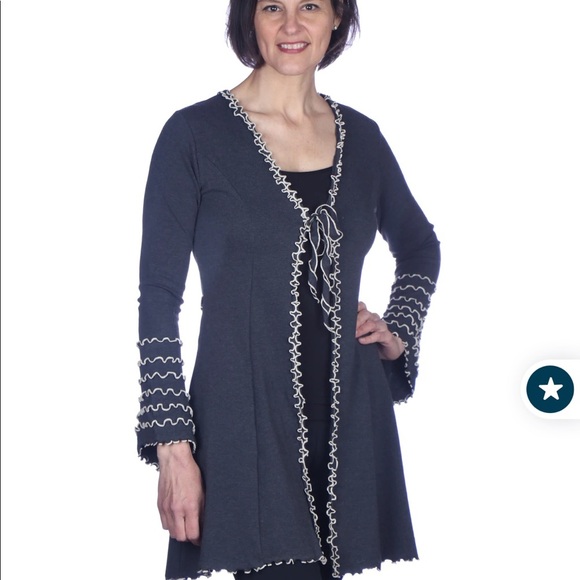 LAURA HLAVAC super stretch rib knit RUFFLE CARDIGAN tie front charcoal grey SM - Picture 3 of 12